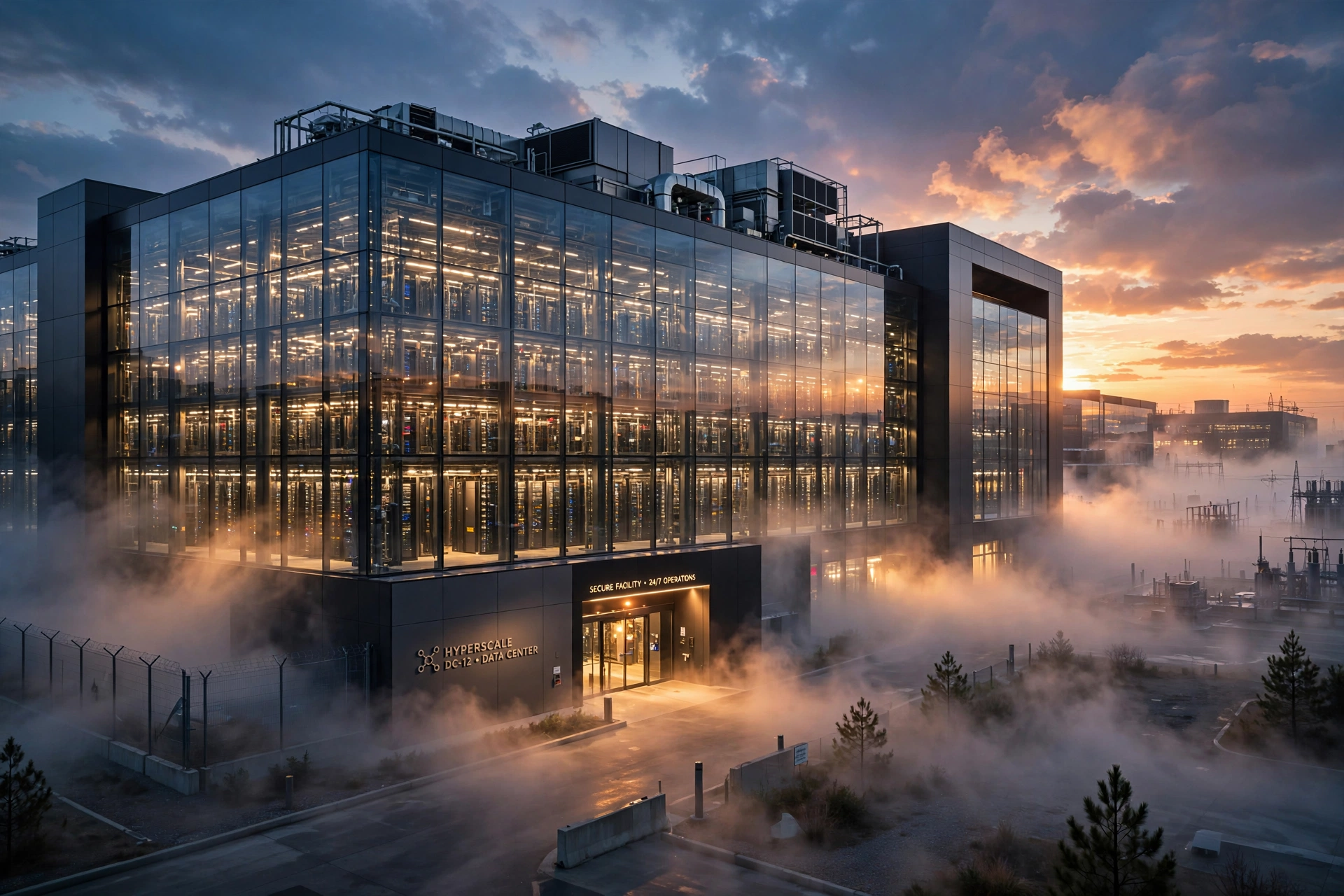 Futuristic Data Center at Sunset