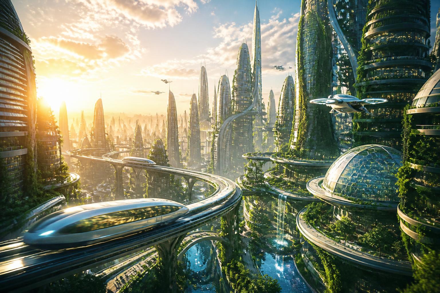 Solarpunk Skyline at Sunrise