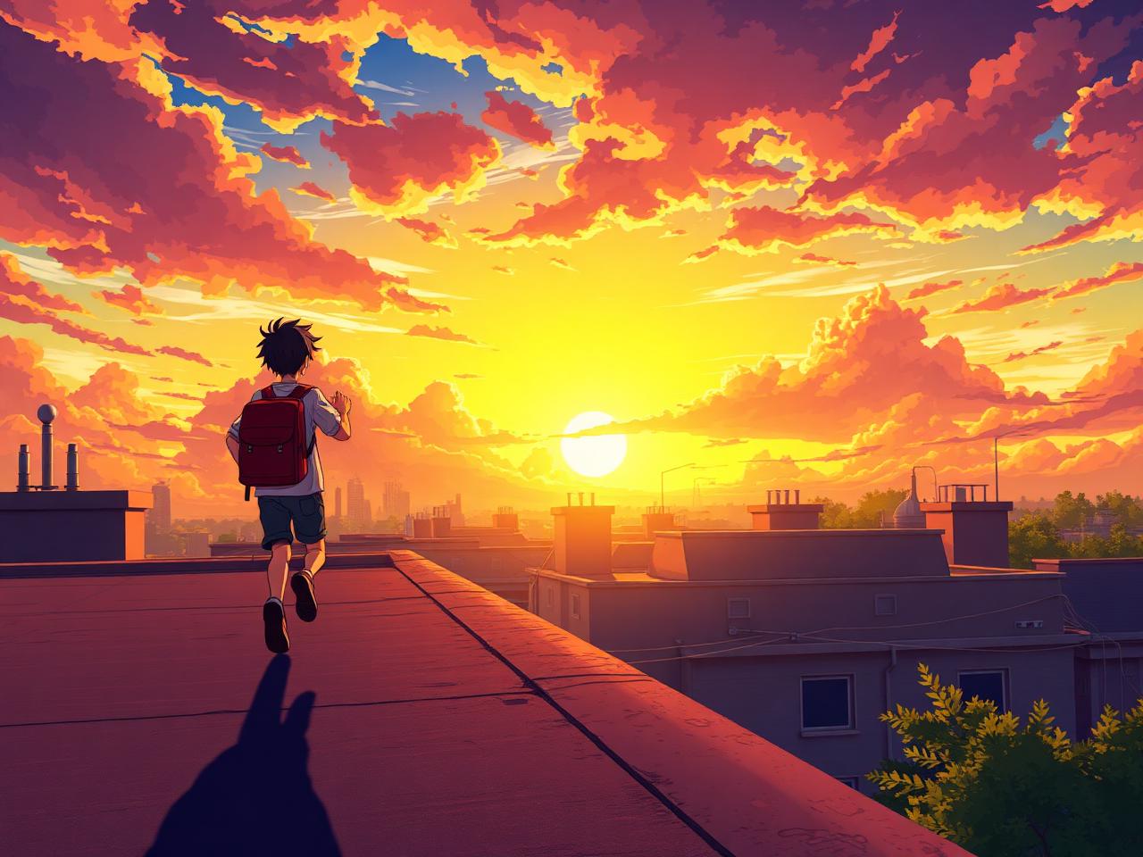 Anime Rooftop Run at Golden Hour