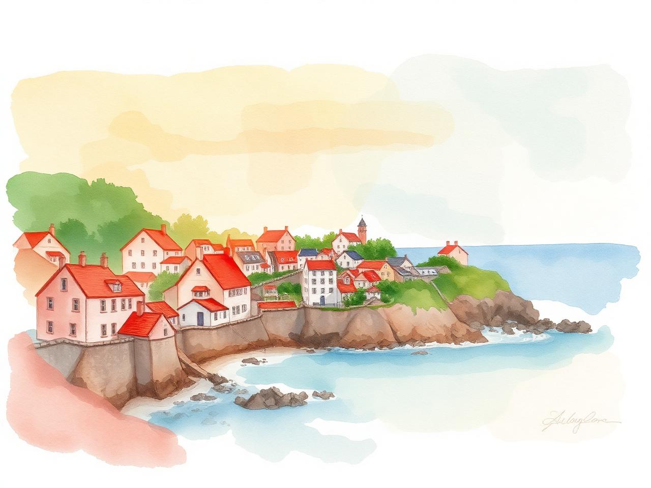 Watercolor Coastal Village at Sunrise