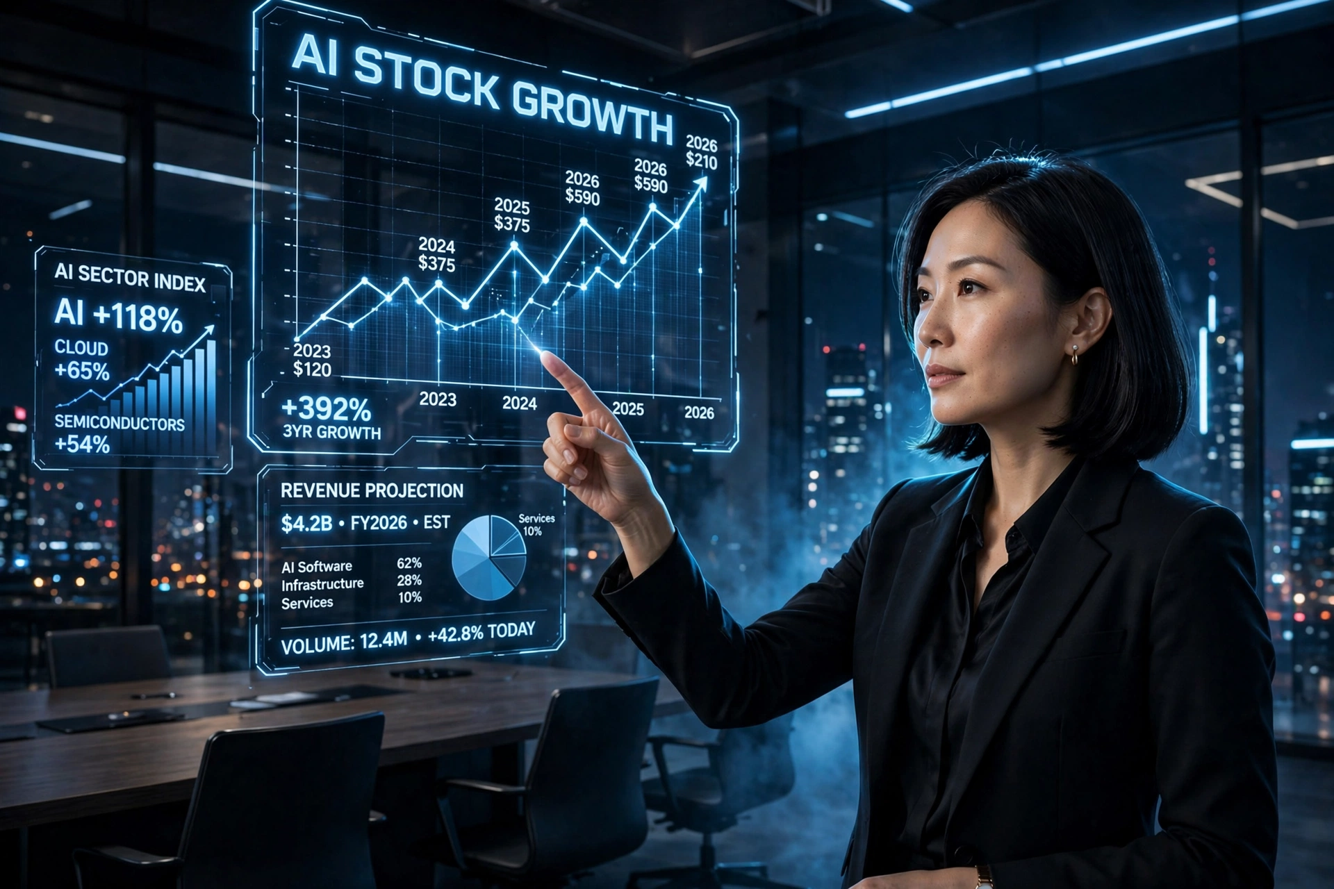 Cyberpunk CEO with Holographic Stock Charts