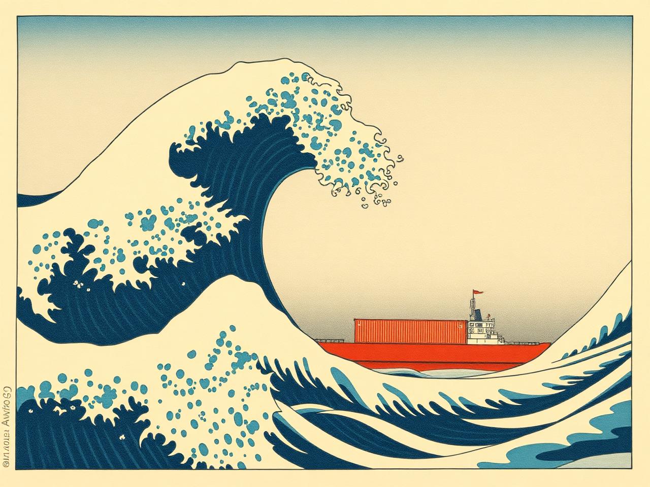 Ukiyo-e Great Wave Over Container Ship