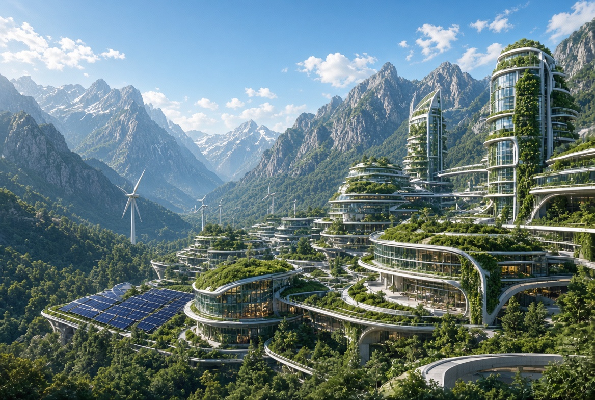 Mountainous Ecofuturist AI Rendering